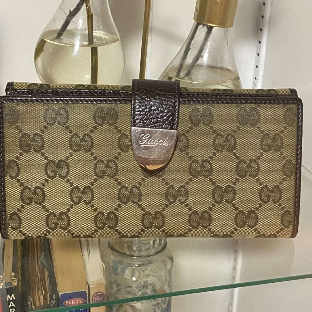 Gucci GG Coated Canvas Leather Continental Bifold Wallet in Tan Brown with Chain - Picture 2 of 10
